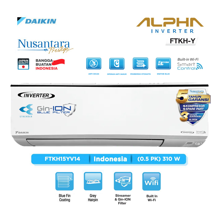 Daikin AC Wall Mounted Split Alpha Inverter 1/2 PK - FTKH15YV14